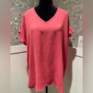 Tres Bien L Large Coral Orange Pink Ruffle Short Sleeve Shirt Blouse Top V Neck
